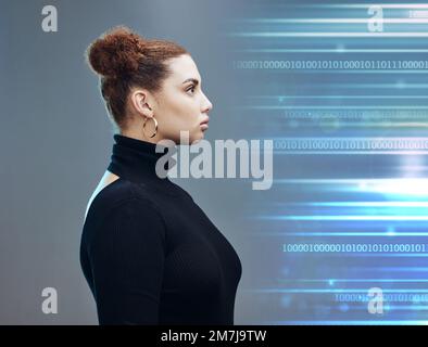 Woman, binary and cyberspace with a vision for future data, information or innovation in double exposure. Female cyberpunk in futuristic metaverse Stock Photo
