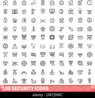 100 security icons set. Outline illustration of 100 security icons vector set isolated on white background Stock Vector