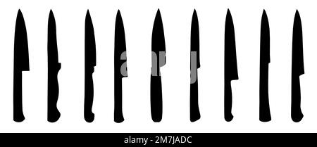 Topview of Set Cooking Knives Silhouette on White Background Stock Photo