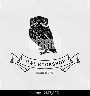 Vintage owl linocut badge vector editable template Stock Vector