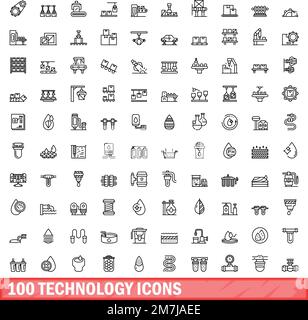 100 technology icons set. Outline illustration of 100 technology icons vector set isolated on white background Stock Vector