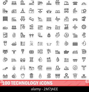 100 technology icons set. Outline illustration of 100 technology icons vector set isolated on white background Stock Vector