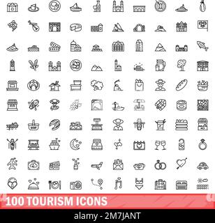 100 tourism icons set. Outline illustration of 100 tourism icons vector set isolated on white background Stock Vector
