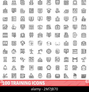 100 training icons set. Outline illustration of 100 training icons vector set isolated on white background Stock Vector