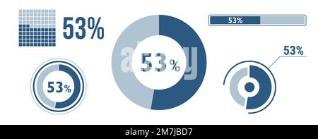 53 percent loading data icon set. Fifty-three circle diagram, pie donut chart, progress bar. 53% percentage infographic. Vector concept collection, bl Stock Vector