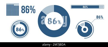 86 percent loading data icon set. Eighty-six circle diagram, pie donut chart, progress bar. 86% percentage infographic. Vector concept collection, blu Stock Vector
