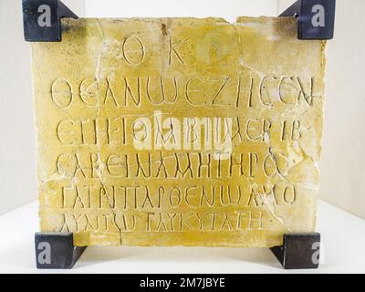 Inscription in Greek language engraved on marble (II - III century BC) - Archaeological Museum 'Pietro Griffo' of Agrigento - Sicily, Italy Stock Photo