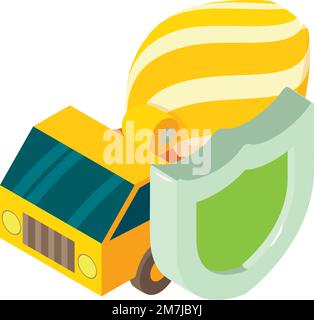 Green construction icon isometric vector. Green shield, concrete mixer machine. Eco technology, environmental protection Stock Vector