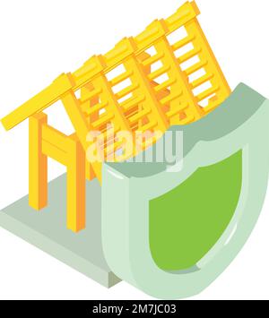 Eco building icon isometric vector. Shield on wooden building frame background. Eco technology, environmental protection Stock Vector