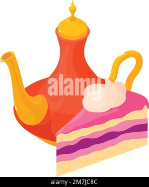 Arabic coffee icon isometric vector. Traditional coffee pot and fruit cake piece. Oriental ceremony, tradition Stock Vector