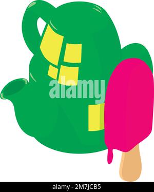 Sweet food icon isometric vector. Bright green teapot and fruit ice cream icon. Summer drink and snack Stock Vector