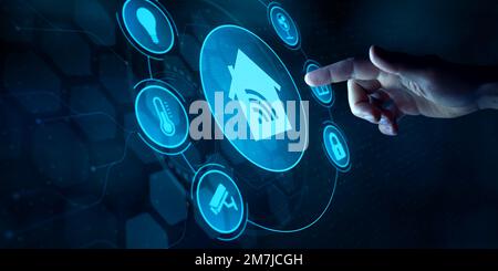 Smart home control interface with finger touching smart-home assistant button on virtual screen dashboard. Wireless connection between smart devices, Stock Photo