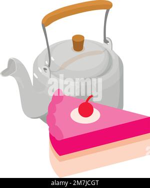 Sweet breakfast icon isometric vector. Metal retro teapot and fruit cake piece. Dessert and tea drink Stock Vector