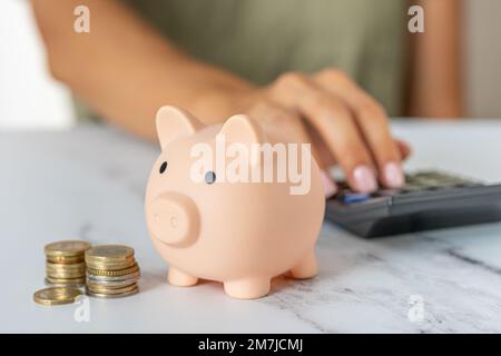 Close-up of a woman's hands counting expenses on a calculator with a piggy bank on an office desk. economy, crisis and inflation. Cost Management Stock Photo