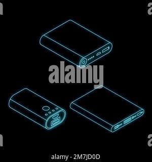 Power bank icons set. Isometric set of power bank vector icons neon isolated on black background Stock Vector