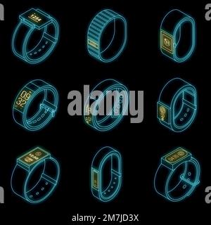 Fitness tracker icons set. Isometric set of fitness tracker vector icons neon isolated on black background Stock Vector