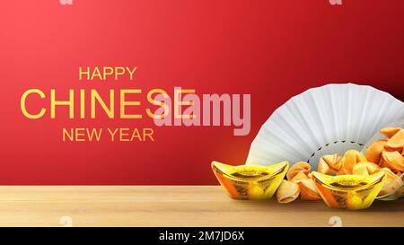 White Chinese fan texture with Chinese gold ingot and fortune cookies on a colored background. Happy Chinese New Year Stock Photo
