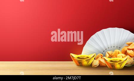 White Chinese fan texture with Chinese gold ingot and fortune cookies on a colored background. Happy Chinese New Year Stock Photo