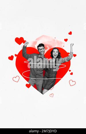 Collage photo picture of young two people ten years together raise fists inside red shape celebrate anniversary isolated on white drawing background Stock Photo