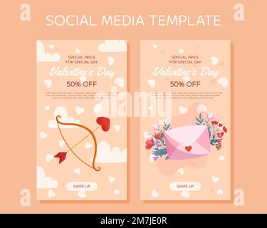 Valentine's Day vertical social media stories template design. Bow and arrow with a heart-shaped arrowhead, clouds and heart around, envelop and flowe Stock Vector