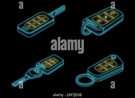 Car alarm system icons set. Isometric set of car alarm system vector icons neon isolated on black background Stock Vector