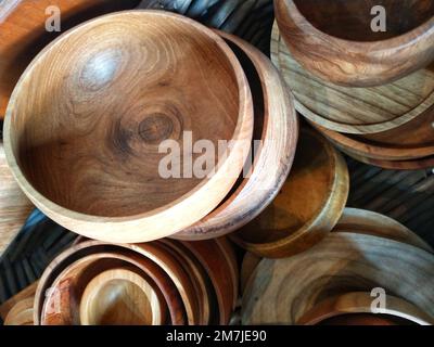 Artisan wooden bowl for sale at the handmade market. Craftsmanship and artisan concept Stock Photo