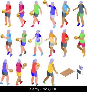 Older people play basketball icons set isometric vector. Old man sport. Healthy activity Stock Vector