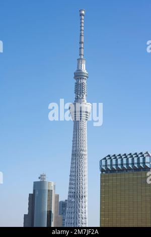 January 9, 2023, Tokyo, Japan: Tokyo Skytree is a prominent landmark tower located in Sumida. Standing at 634 meters tall, it's the tallest tower in Japan and the third tallest man-made structure on earth. Completed in 2012, it serves as a telecommunications tower and an observation deck, offering panoramic views of Tokyo cityscape. The tower features two observation decks, a shopping mall, several restaurants and an aquarium in the base. Tokyo Skytree has become a major tourist attraction, drawing millions of visitors each year. It hosts the broadcasting equipment for NHK TV, Fuji Television, Stock Photo