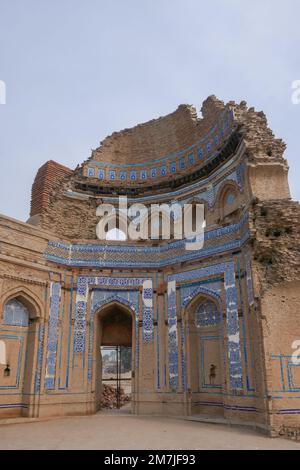 Vertical view of the interior with blue ceramic tile decor of medieval Baha'al-Halim tomb and shrine, Uch Sharif, Bahawalpur, Punjab, Pakistan Stock Photo