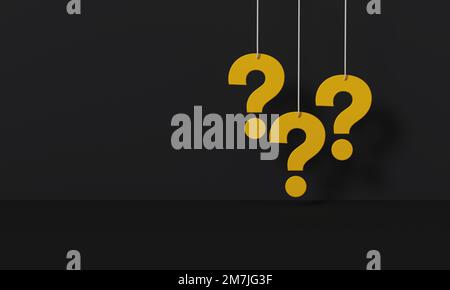 Three question marks yellow hanging on black wall background. 3D rendering. Stock Photo