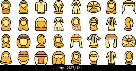 Traditional clothing linear icons set. Kimono, Hanbok, Sari, Dirndl ...