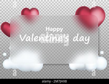 Blurred hearts. Transparent glass square card design. Valentines day. Glass transparent frame for text. Vector illustration. Eps 10. Stock Vector