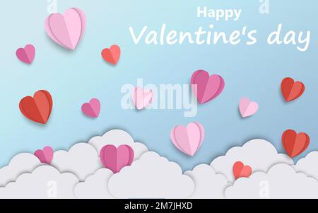 Valentine's day concept background. 3d red and pink paper cut hearts with white clouds. Vector illustration. Eps 10. Stock Vector