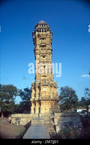 The Vijaya Stambha is an imposing victory monument located within Chittor Fort in Chittorgarh, Rajasthan, India. The tower was constructed by the Hindu Rajput king Rana Kumbha of Mewar in 1448 to commemorate his victory over the army of Malwa led by Mahmud Khalji in the Battle of Sarangpur. Stock Photo