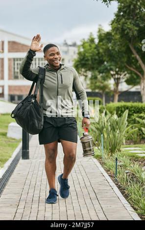 Exercise, black man and walking with water bottle, for training