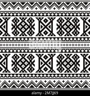 Sami folk art vector seamless pattern, retro design styled as traditional cross-stitch ornament from Lapland in black and white Stock Vector