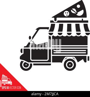 Small italian pizza food truck tricycle vector icon. Take-away food symbol. Stock Vector