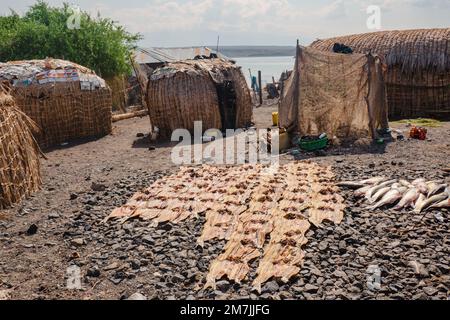 Traditional houses of the El Molo people in El Molo village living at the shores of Lake Turkana, Kenya Stock Photo