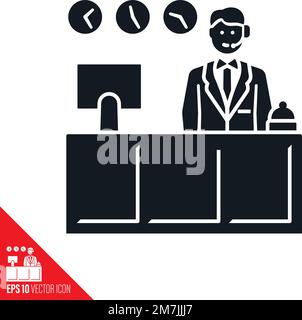 Receptionist behind counter vector icon. Friendly and helpful desk clerk with service bell, computer monitor and clocks. Stock Vector