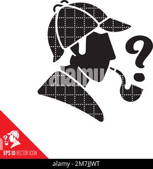 Sherlock Holmes head profile with cap, cape and pipe, smoke as question mark, vector icon. Stock Vector