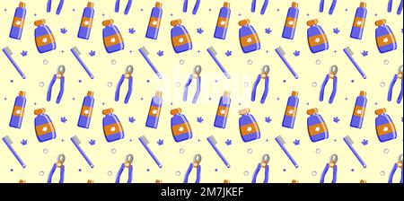Seamless pattern with tools and supplies. Colorful background for grooming salon and pet shop, t-shirt, apparel print, web page, surface texture and fabrics. Paw, bone, scissors, bowl, nose, dog. Vector illustration Stock Vector