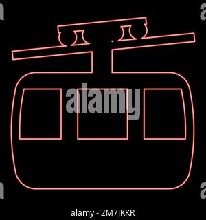 Neon funicular air way cable car Ski lift Mountain resort Aerial transportation tourism Ropeway Travel cabin red color vector illustration image flat Stock Vector