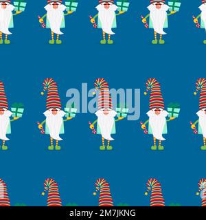 Funny gnomes with gifts seamless pattern. Cheerful gnomes in hats vector characters flat style Stock Vector