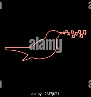 Neon nightingale singing tune song Bird musical notes Music concept red color vector illustration image flat style light Stock Vector