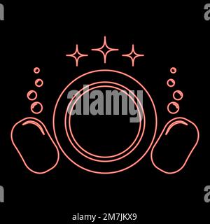 Neon dishwashing concept Clearing dishes Plate Washcloth Sponge Bubbles Clean kitchen idea red color vector illustration image flat style light Stock Vector