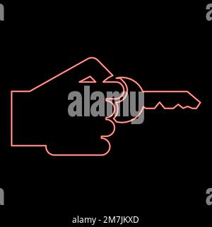 Neon hand holds key Concept opening Idea success Business access sign Unlock solution Passkey Rent Accessibility symbol red color vector illustration Stock Vector