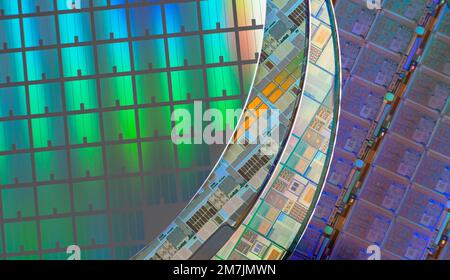 Silicon monocrystalline wafer with microchips manufacturing used in fabrication of electronic integrated circuits. Stock Photo