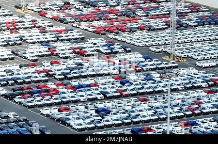 SUZHOU, CHINA - JANUARY 10, 2023 - A batch of vehicles are about to be exported to foreign markets at the Taicang Port Automobile Depot in Suzhou, Jia Stock Photo