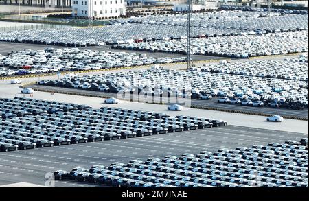 SUZHOU, CHINA - JANUARY 10, 2023 - A batch of vehicles are about to be exported to foreign markets at the Taicang Port Automobile Depot in Suzhou, Jia Stock Photo