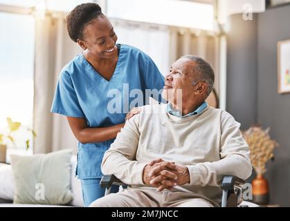 Help, support and wheelchair with nurse and old man for disability, rehabilitation or healing. Retirement, physiotherapy and healthcare with patient Stock Photo